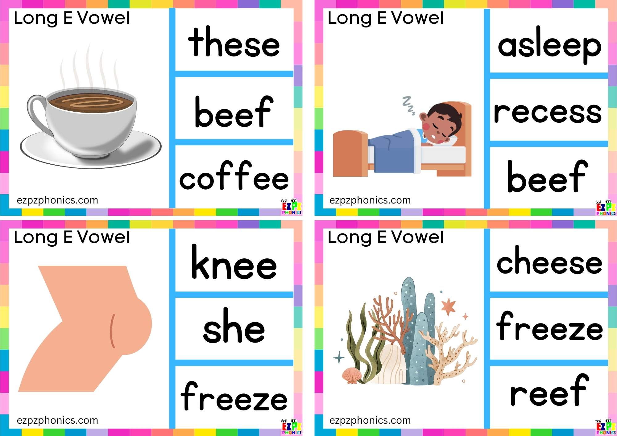 Look at the image and clip the correct word Long e vowel ee words Clip cards group 3